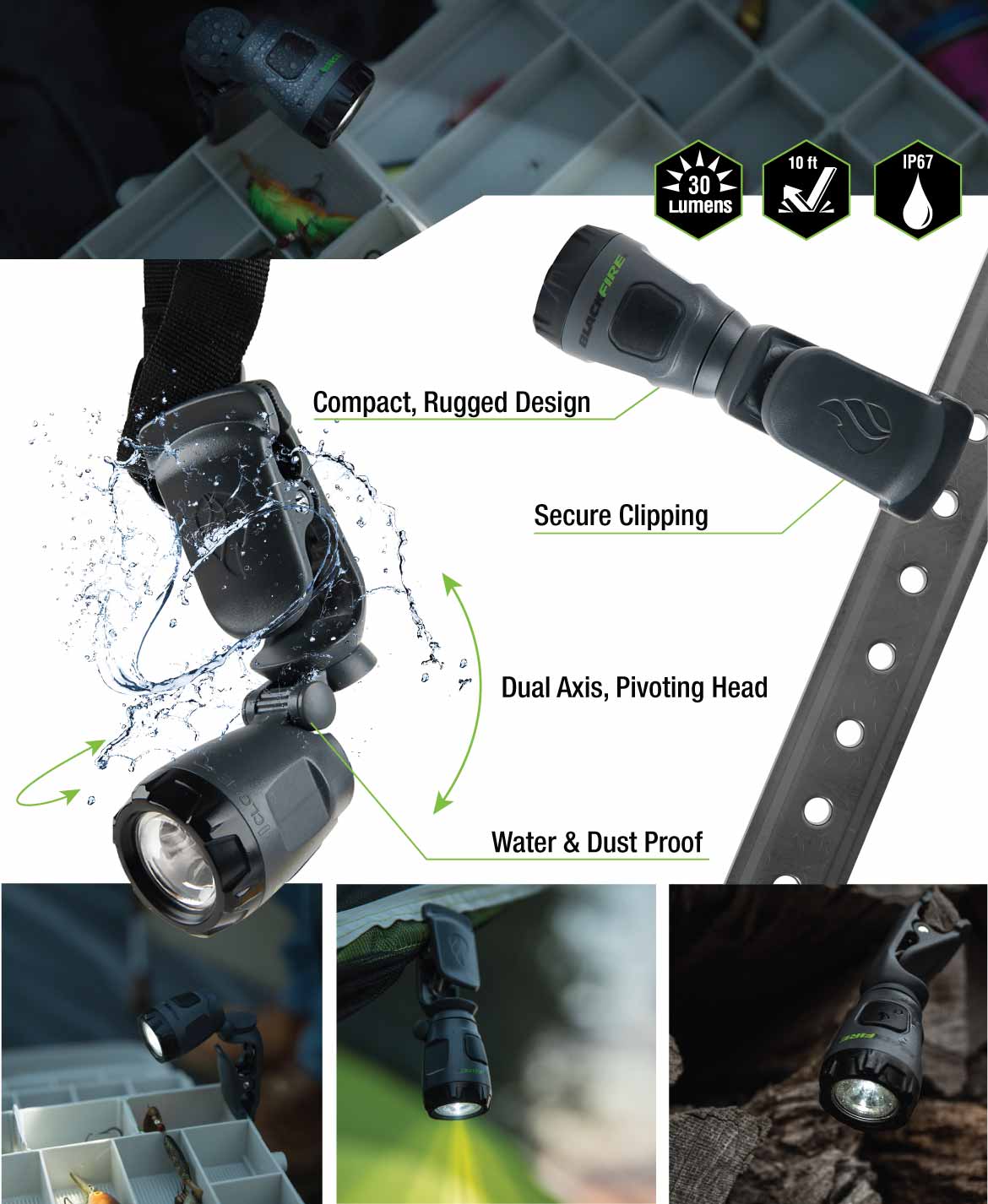 30 lumens, 10 foot drop rated, IP67 rated, compact rugged design, secure clipping, dual axis, pivoting head, water & dust proof