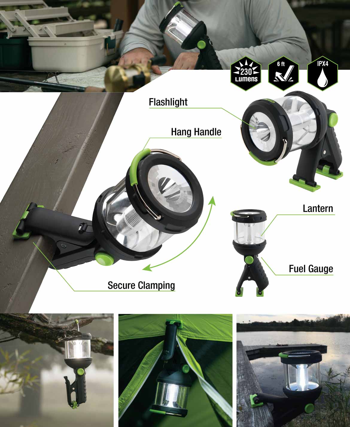 230 lumens, 6 foot drop rated, IPX4, flashlight, hang handle, lantern, fuel guage, secure clamping